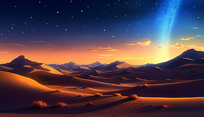 Towering sand dunes shifting with the wind under a starlit sky.