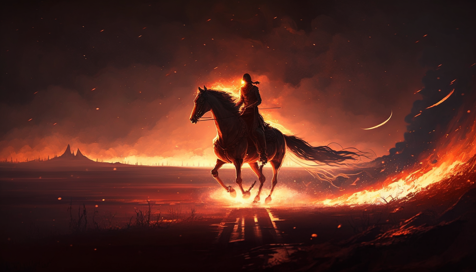 A horse and rider galloping through a field with the horse's mane and tail on fire and a trail of light behind them.