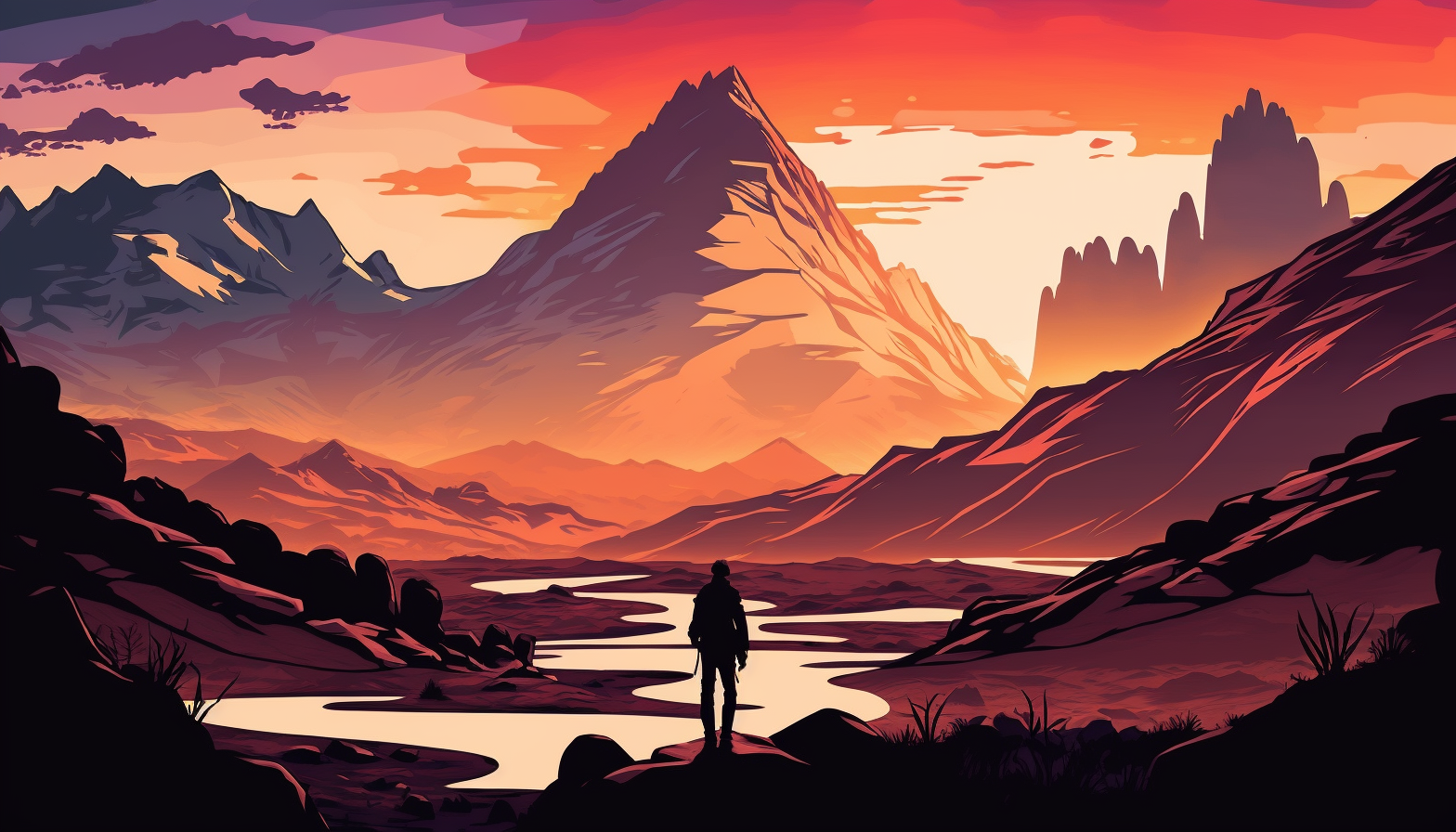 A vibrant sunset over a mountain range, with the silhouette of a lone hiker in the foreground.