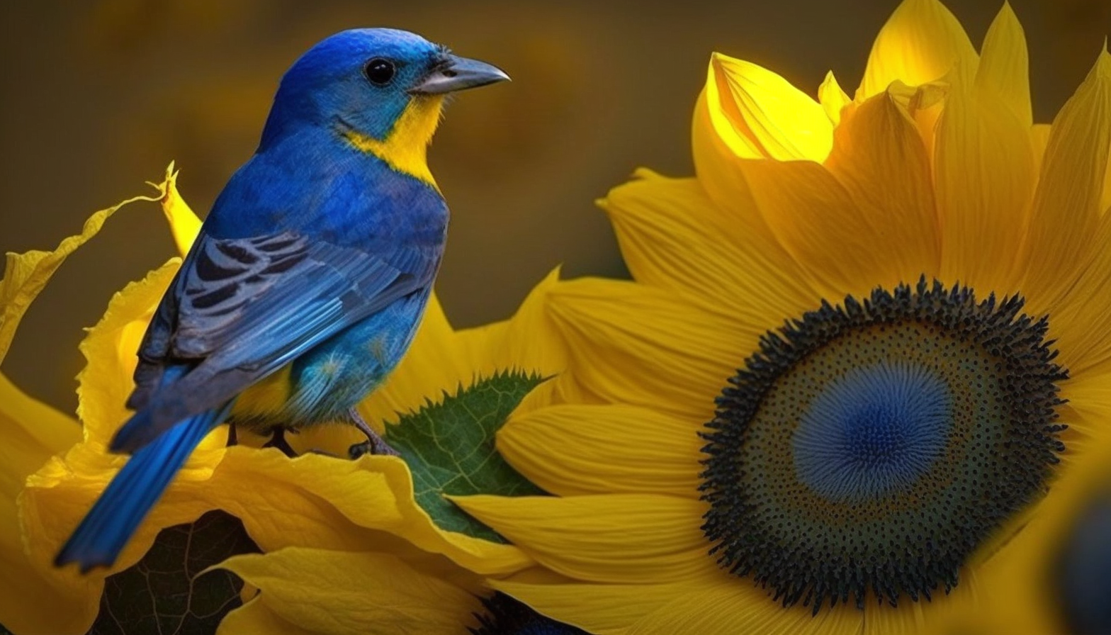 A vibrant yellow sunflower with a small bluebird perched on one of the petals.