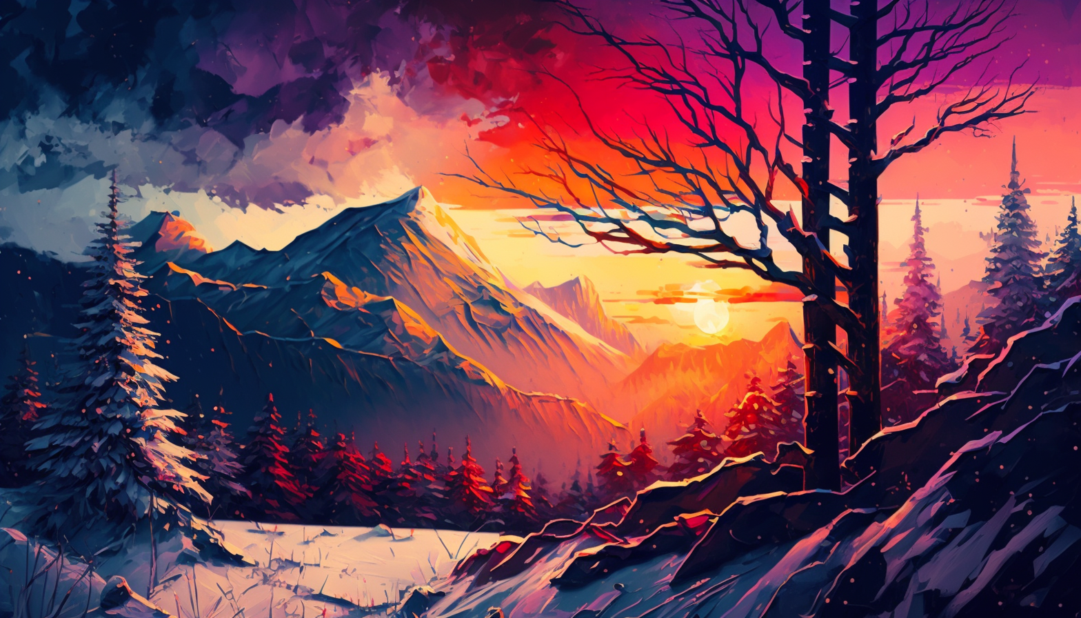 "Colorful Winter Wonderland": A winter landscape of colorful trees and snow-covered mountains, with the sun setting behind.