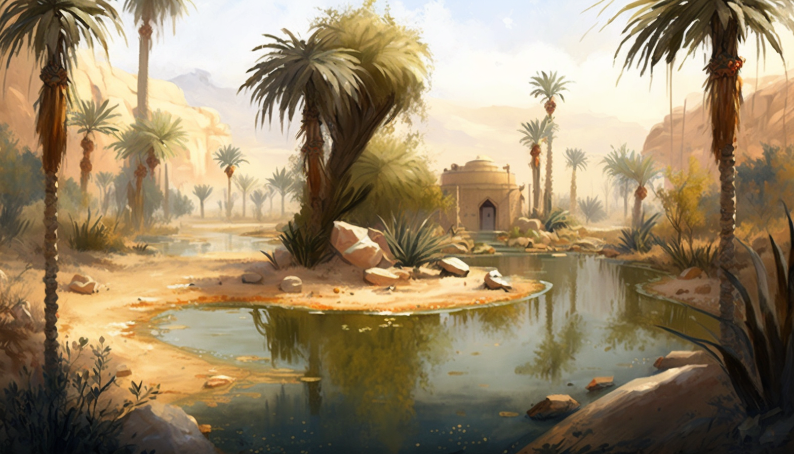 A painting of a traditional desert oasis with palm trees and water wells.