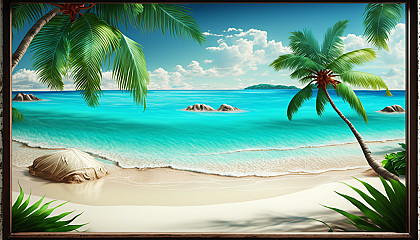 A peaceful beach scene with palm trees and a crystal-clear ocean.