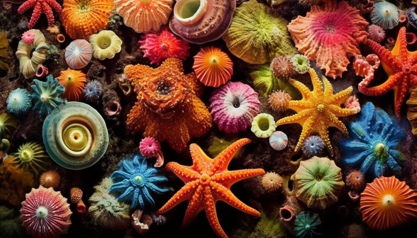 Colorful sea anemones and starfish in a tide pool.