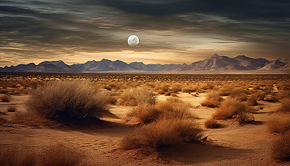 A full moon illuminating a desert landscape.