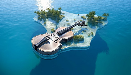A violin-shaped island surrounded by crystal-clear waters.