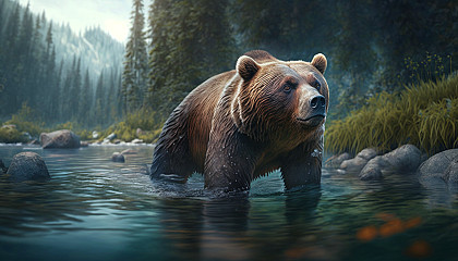 A grizzly bear fishing in a river