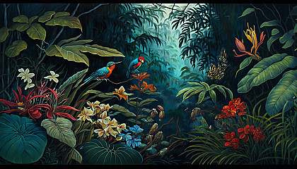 An oil painting of a tropical rainforest with exotic flowers and wildlife.