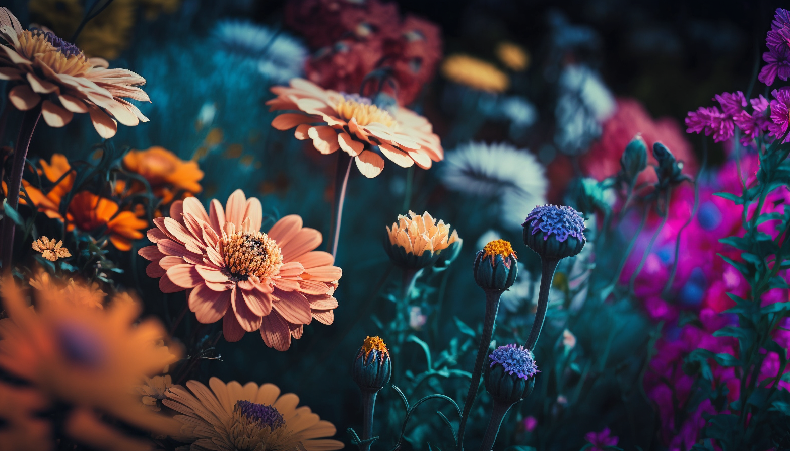 A close-up photograph of a colorful flower garden