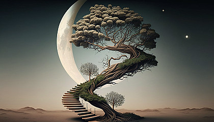 A surreal depiction of a tree growing into a staircase, leading to the moon in the sky.