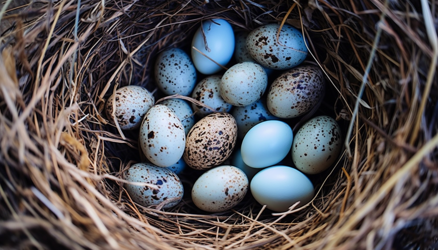 An abandoned nest with beautifully speckled eggs.