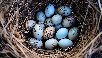 An abandoned nest with beautifully speckled eggs.