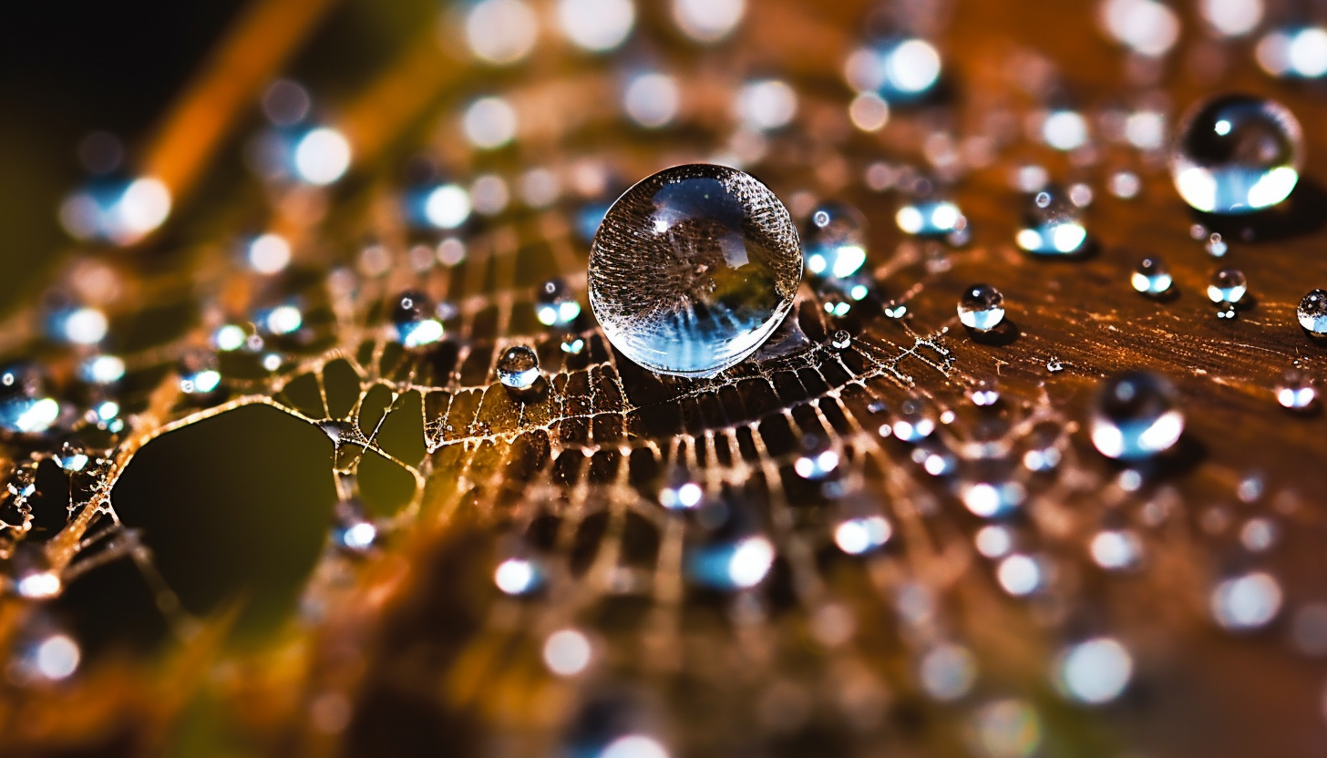 A close-up of dew drops on a spiderweb.