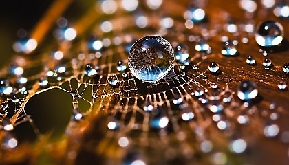 A close-up of dew drops on a spiderweb.