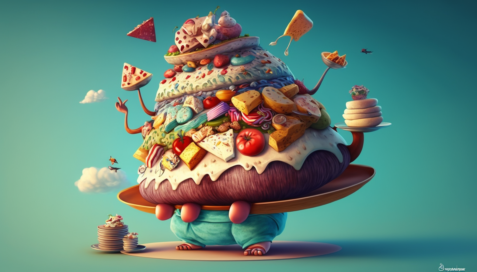 An image that plays with the idea of excess or overindulgence, such as a plate piled high with food or a cartoonish character with an oversized belly.