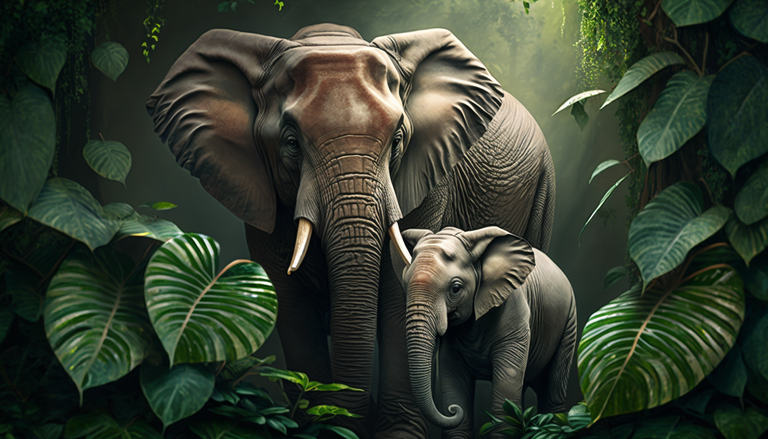 A mother elephant and her baby in a green jungle