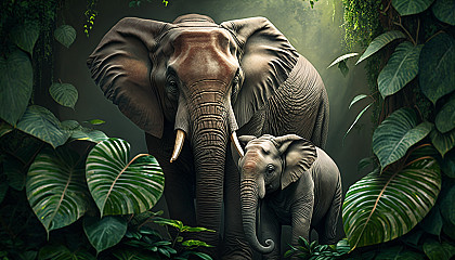 A mother elephant and her baby in a green jungle