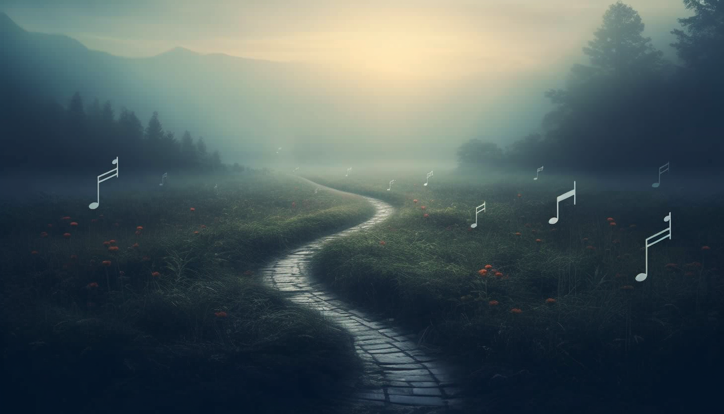 A trail of musical notes leading the path through a foggy landscape.