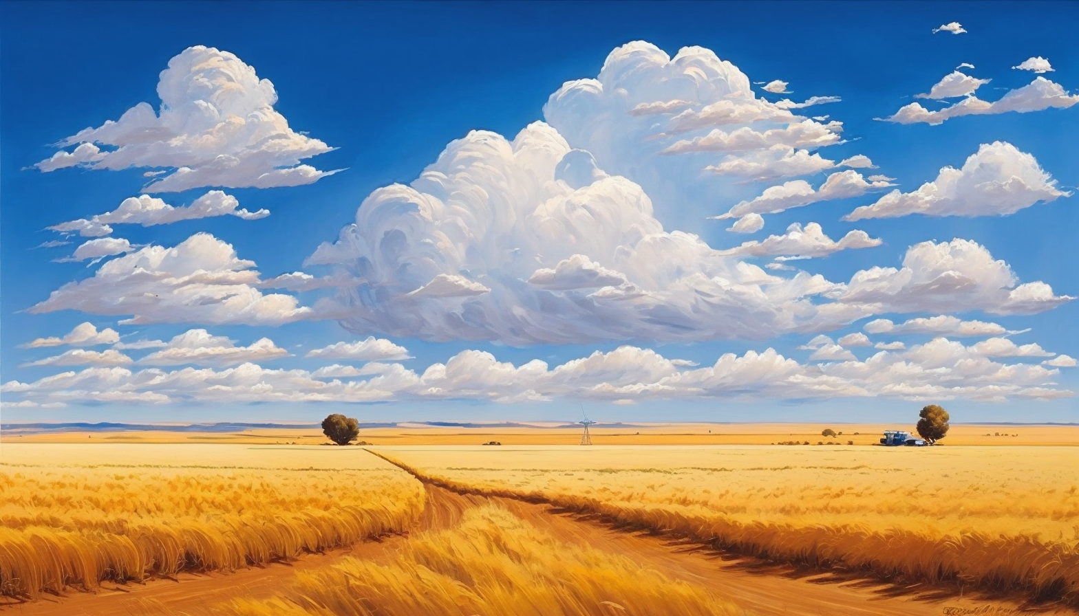 A vast, golden wheat field with a blue sky and a few scattered clouds.