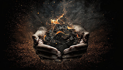 A person's hands holding a piece of coal or charcoal, with brilliant sparks and flames emanating from it.