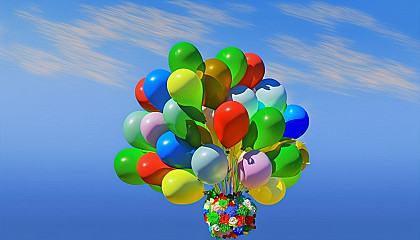 "Vibrant Balloons": A festive scene with a bouquet of colorful balloons floating against a blue sky.