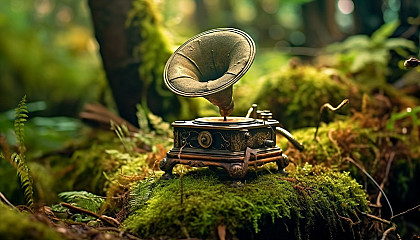 An old gramophone sitting on a mossy stump, playing tunes for the wilderness.