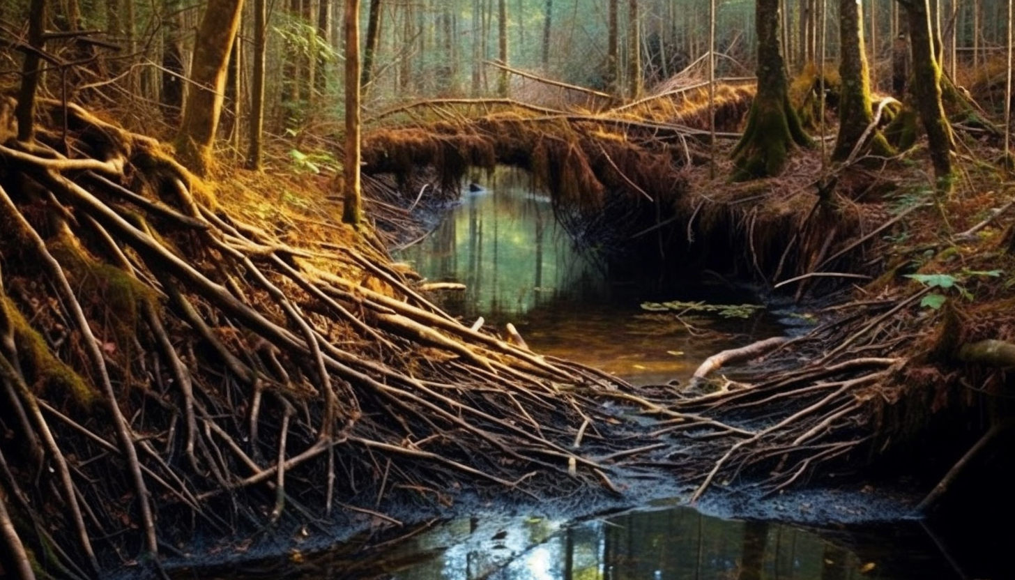 The intricate architecture of a beaver dam in a forest stream.