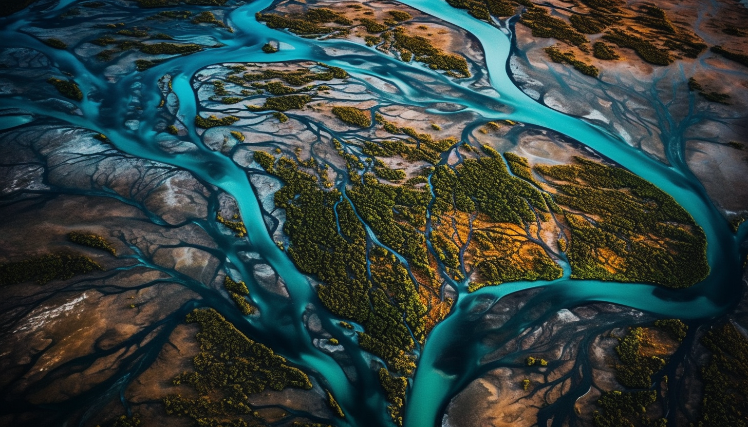 Aerial views of intricate river systems or captivating coastlines.