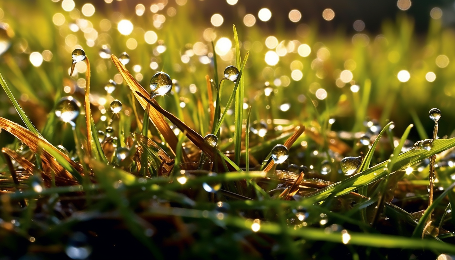 Dewdrops glittering on blades of grass in the morning light.