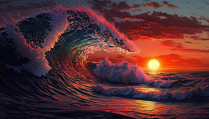 A vibrant sunset over the ocean waves.