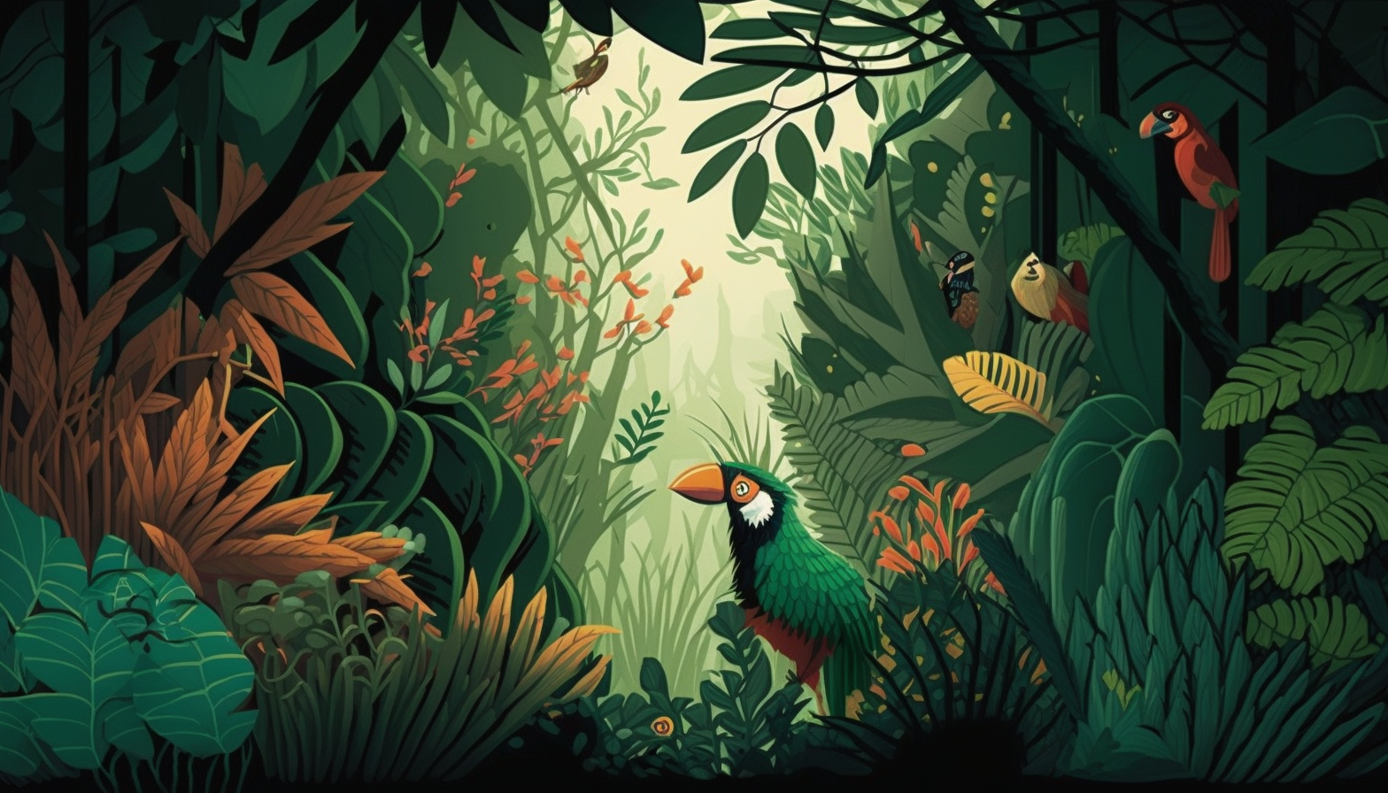 A lush green jungle with exotic birds and animals peeking out from the foliage.