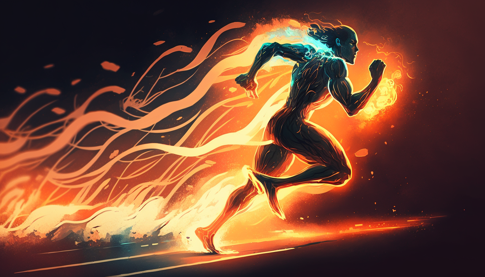 A sprinter racing down a track with a glowing aura of light surrounding them and a trail of flames behind them.