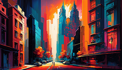 Cityscape painting with Expressionist style bold colors