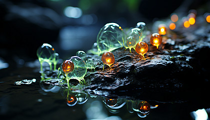 A close-up of bioluminescent algae illuminating the water's surface.