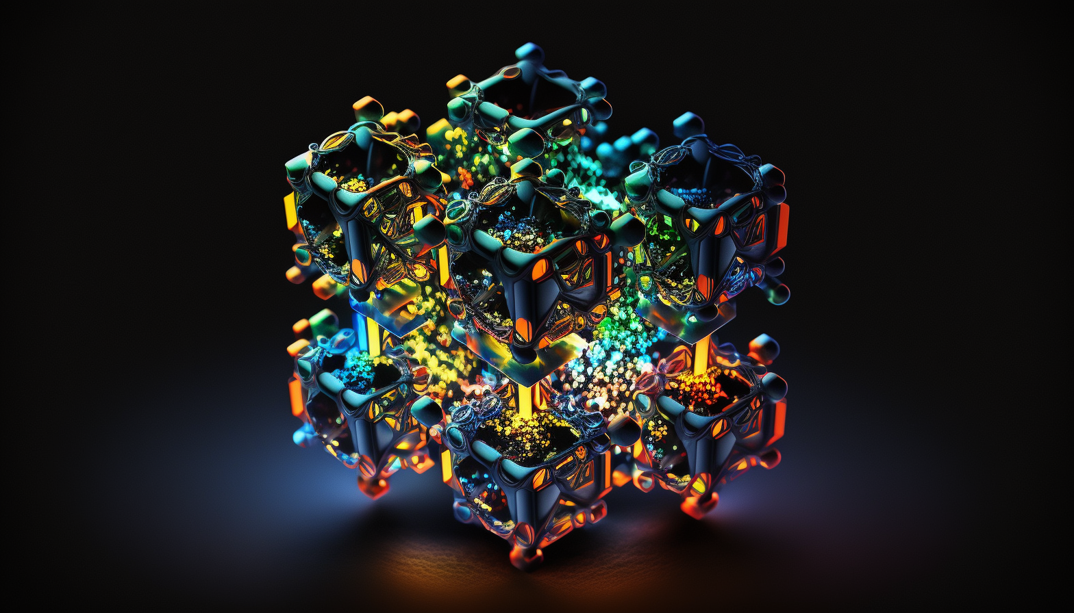 A carbon crystal structure glowing with brilliant colors against a dark background.