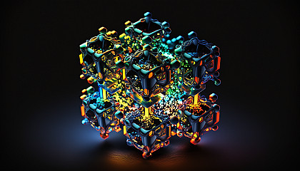 A carbon crystal structure glowing with brilliant colors against a dark background.