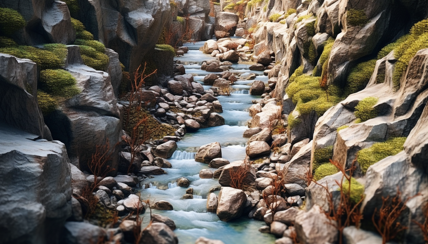 A cascading mountain stream carving through a rocky terrain.