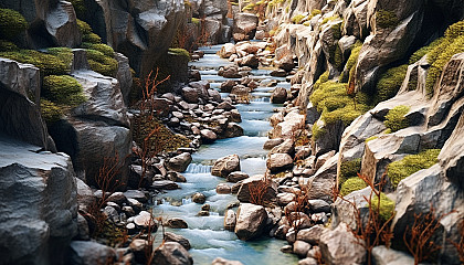 A cascading mountain stream carving through a rocky terrain.