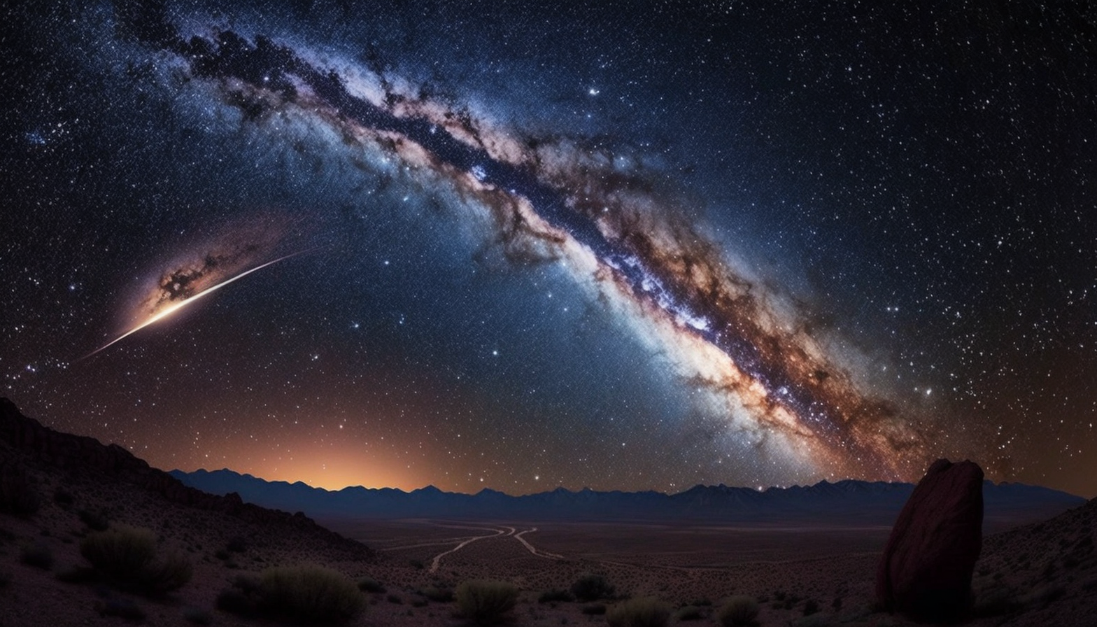 A breathtaking view of the Milky Way galaxy, with a shooting star streaking across the sky.