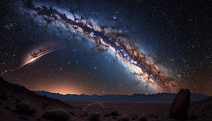 A breathtaking view of the Milky Way galaxy, with a shooting star streaking across the sky.