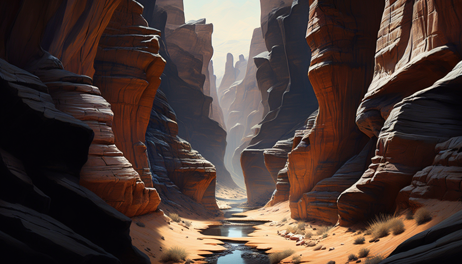 "Canyon": A majestic canyon with striated rock formations, shaped by nature's forces.