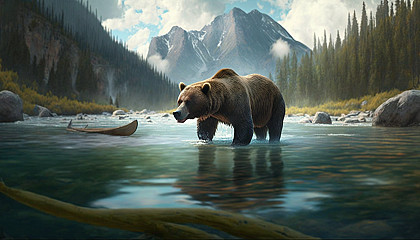A grizzly bear fishing in a river