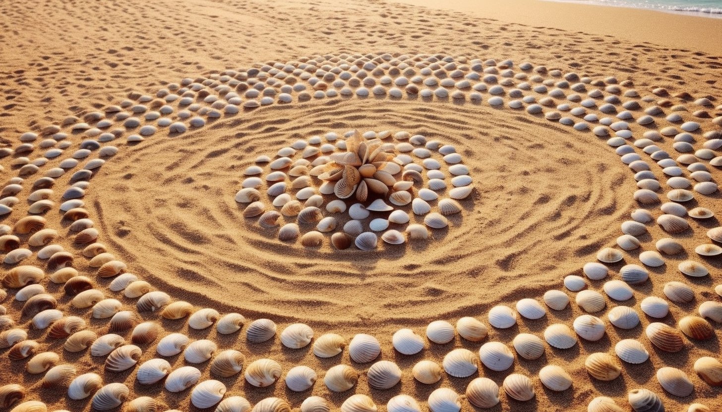 A spiral pattern of seashells on a sandy beach.