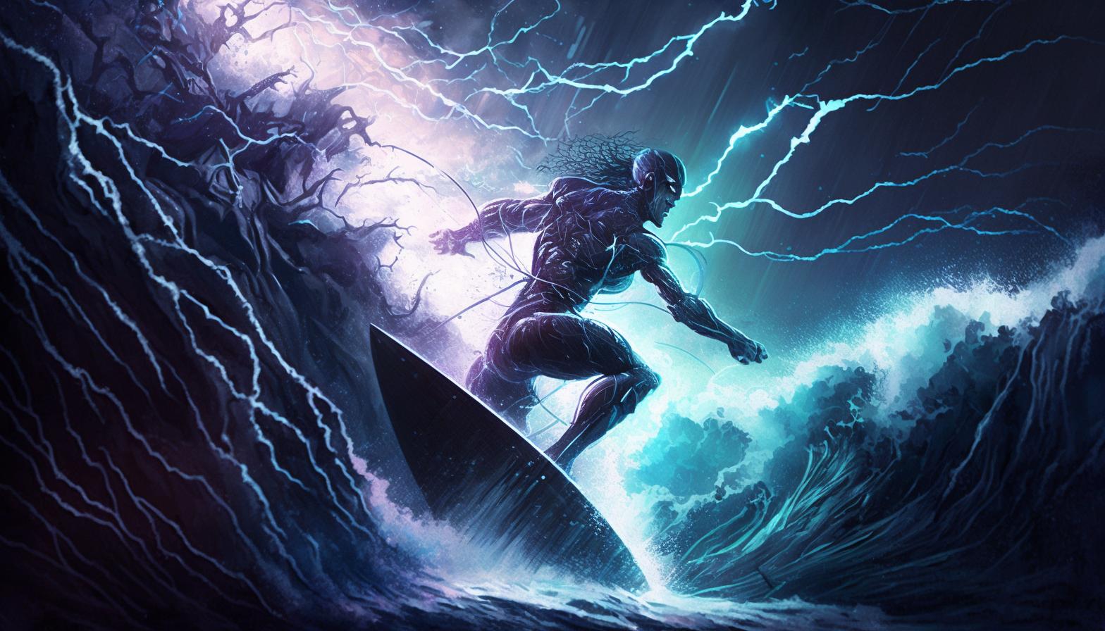 A surfer riding a massive wave with lightning bolts in the background.