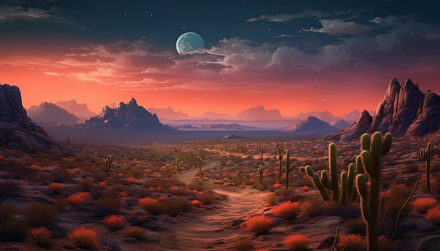 A full moon illuminating a desert landscape.