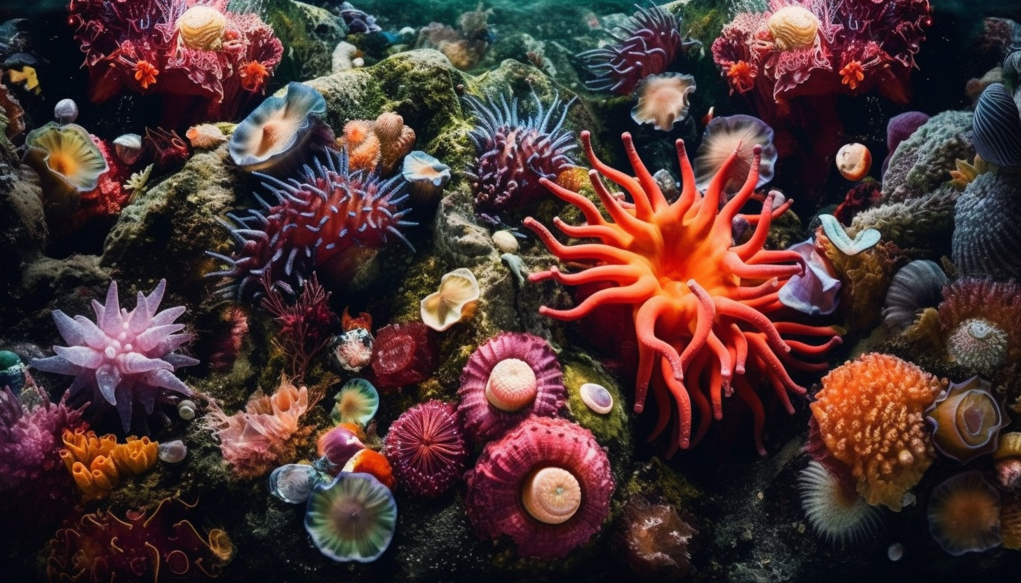 Colorful sea anemones and starfish in a tide pool.