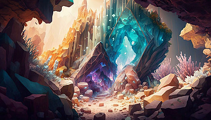 "Crystal Cavern": A glittering underground world of colorful crystals and formations.