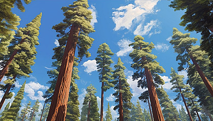 Towering sequoias stretching up to a clear blue sky.