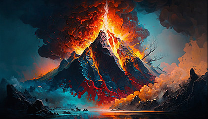 An oil painting of a volcano erupting with molten lava and smoke.