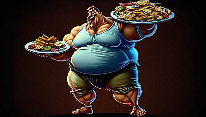 An image that plays with the idea of excess or overindulgence, such as a plate piled high with food or a cartoonish character with an oversized belly.